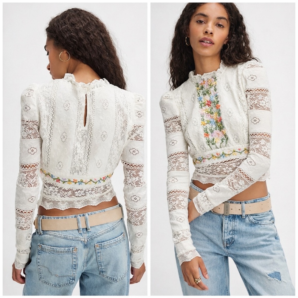 Free People Garden Grace‎ Top Lace Ivory Embroidered Floral XS